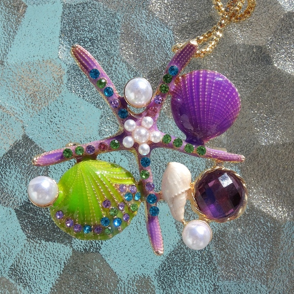 Unbranded Jewelry - Purple & Green Enamel Starfish Pearl Pendant Brooch Summer Ocean Beach Necklace